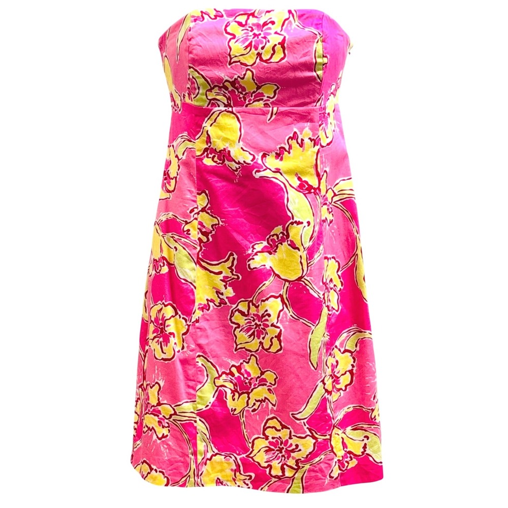 Lilly Pulitzer Strapless Floral Dress Pink Yellow Tie Back Cutout Size 0 Cotton